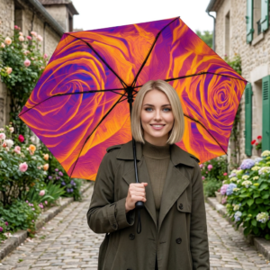 Vibrant Rose Swirl Umbrella — Foldable Semi‑Automatic Rain Umbrella