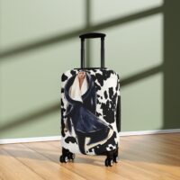 Chic Cow-Print Luggage Cover — Fashion Illustration Traveler in Navy Coat