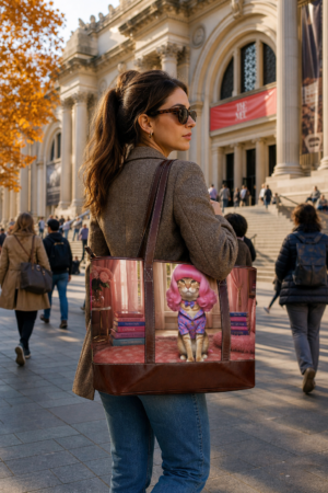 Cat in Pink Wig Tote Bag — Glamorous Kitty Handbag with Pink Zebra Print