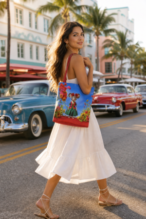 Frida Kahlo Mouse Floral Tote Bag — Colorful All-Over Print Shopper