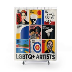 LGBTQ+ Artists Shower Curtain — Colorful Pop Art Tribute (Frida Kahlo, Andy Warhol, Keith Haring)