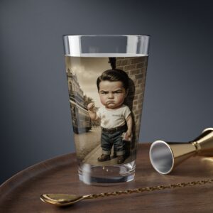 Vintage Street Scene Mixing Glass – 16 oz Pint Glass with Retro Boy Illustration