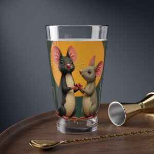 16oz Mixing Glass with Charming Mouse Couple Illustration — Cute Barware Gift