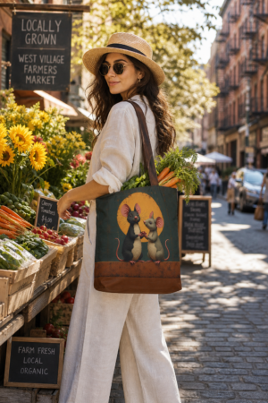 Carry art with you wherever you go. Our curated tote collection transforms everyday errands into fashion moments — from surrealist homages to haute couture to charming woodland creatures with a golden-hour glow. Each design is printed on premium cotton canvas with rich leather accents, offering gallery-worthy style with farmer's market practicality. Spacious, sturdy, and unapologetically artistic — because your tote should be as interesting as what you put inside it.