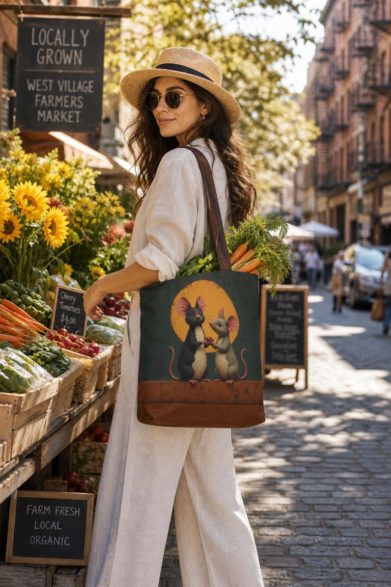 Carry art with you wherever you go. Our curated tote collection transforms everyday errands into fashion moments — from surrealist homages to haute couture to charming woodland creatures with a golden-hour glow. Each design is printed on premium cotton canvas with rich leather accents, offering gallery-worthy style with farmer's market practicality. Spacious, sturdy, and unapologetically artistic — because your tote should be as interesting as what you put inside it.