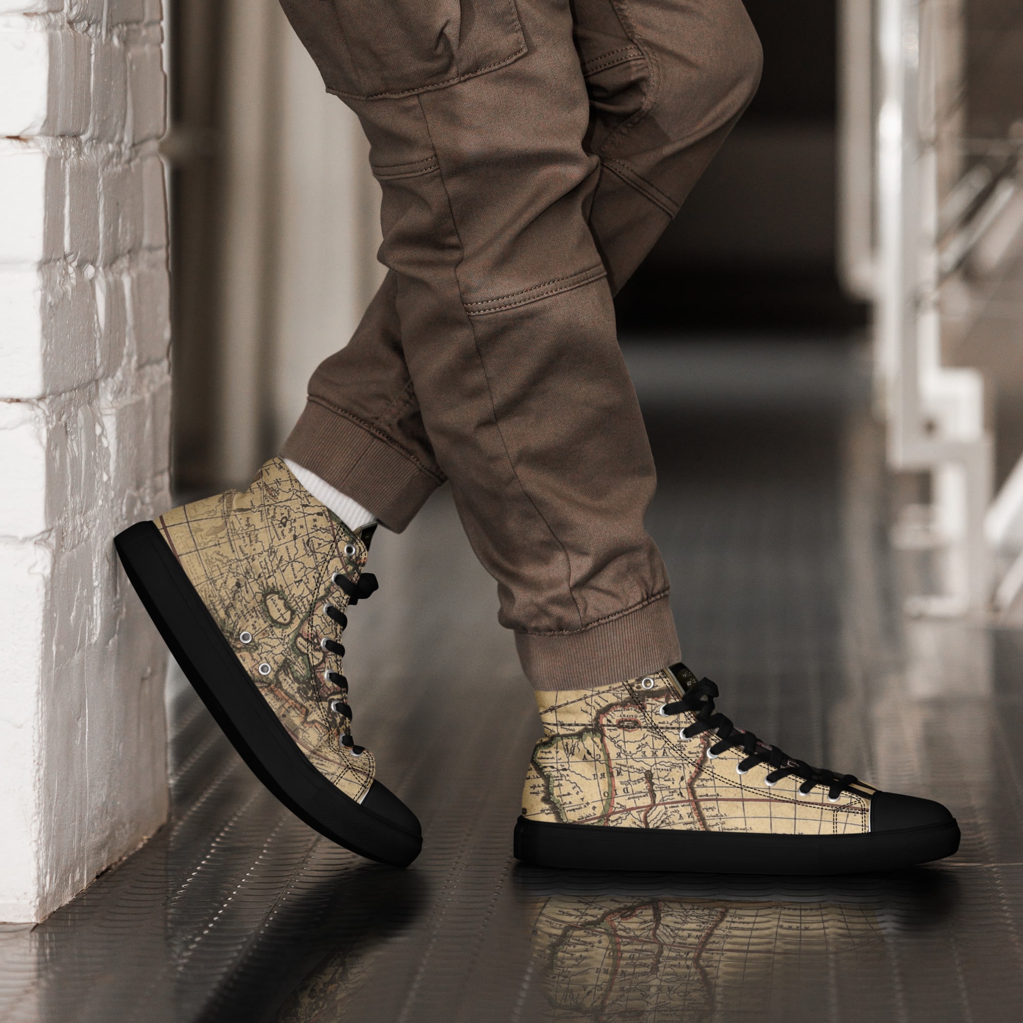 Cartographer High-Top Canvas Shoes – Vintage Travel Map Edition with “Hello World” Computer Head Design